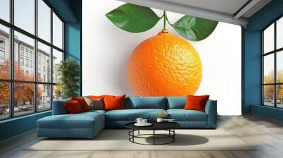 A vibrant orange fruit with green leaves on a white background. Wall mural