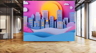 A vibrant paper-cut cityscape at sunset with colorful hills and clouds. Wall mural