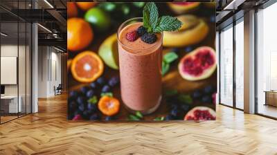 A vibrant smoothie surrounded by fresh fruits, showcasing a healthy lifestyle choice. Wall mural