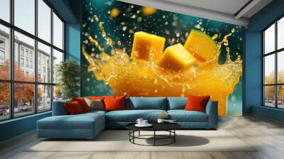 A vibrant splash of mango juice with fruit cubes, capturing freshness and energy. Wall mural