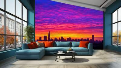 A vibrant sunset over a city skyline, showcasing colorful clouds and silhouettes of buildings. Wall mural