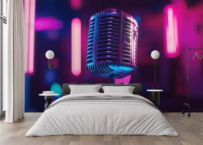 A vintage-style microphone illuminated by colorful lights, suggesting a lively music setting. Wall mural