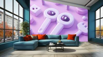 A whimsical arrangement of playful, cartoonish keys and shapes on a soft pink background. Wall mural