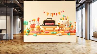 A whimsical barbecue scene with playful characters and colorful decorations. Wall mural