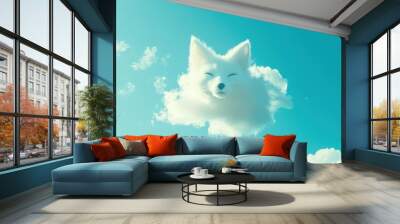 A whimsical cloud shaped like a fox's head against a bright blue sky. Wall mural