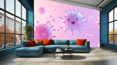 A whimsical illustration of cartoonish viruses with smiling faces in a colorful background. Wall mural