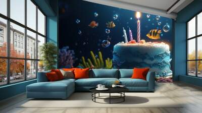 A whimsical underwater birthday cake scene with bubbles and colorful fish. Wall mural