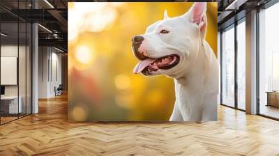 A white dog sits gracefully, showcasing its playful expression against a blurred autumn background. Wall mural