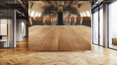 A wooden table in the foreground of an empty airplane interior. Wall mural