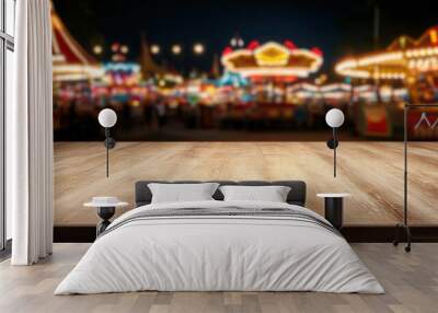 A wooden tabletop in front of a blurred carnival scene at night. Wall mural