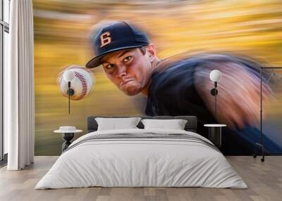 A young athlete throws a baseball with intensity, captured in a dynamic motion blur. Wall mural