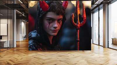 A young person dressed in a devil costume with horns and a trident, set against a festive backdrop. Wall mural