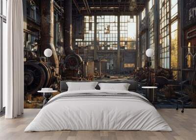 Abandoned industrial space with sunlight filtering through large windows, showcasing decay and nature. Wall mural