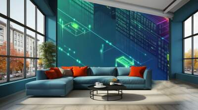 Abstract digital cityscape with neon lights and data visualization elements. Wall mural