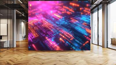 Abstract digital landscape with vibrant colors representing data and technology. Wall mural