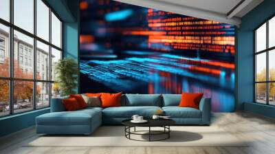 Abstract digital representation of data streams and information flow in a tech environment. Wall mural