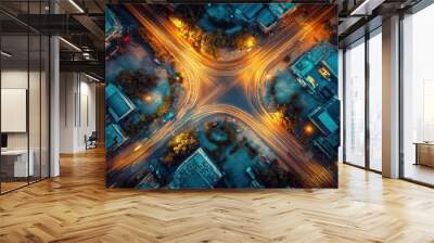 Aerial view of a busy intersection illuminated by streetlights at night. Wall mural