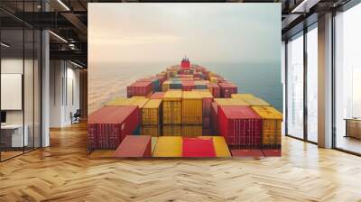 Aerial view of a cargo ship carrying colorful shipping containers on the ocean. Wall mural