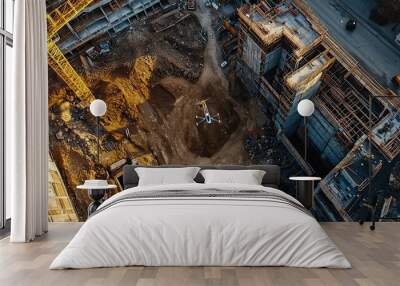 Aerial view of a construction site with machinery and a crane in an urban environment. Wall mural