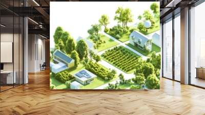 Aerial view of a sustainable community featuring greenery and modern buildings. Wall mural