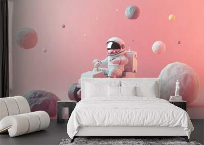 An astronaut driving a small vehicle in a surreal space environment with floating rocks. Wall mural