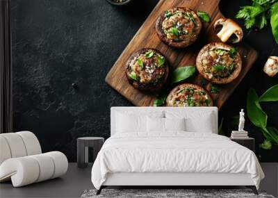 Appetizing Stuffed Mushrooms on Wooden Cutting Board Wall mural