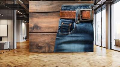 Blue Jeans with Brown Leather Belt on Wooden Background Wall mural