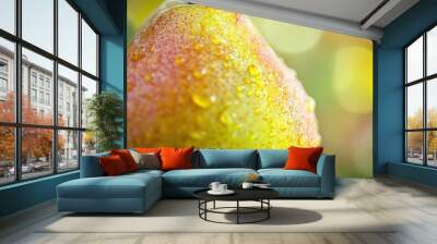 Close-up of a Juicy Pear with Dew Drops Wall mural