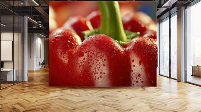 Close-up of a red bell pepper with water droplets Wall mural