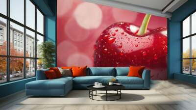 Close-up of a Shiny Red Cherry with Water Drops Wall mural