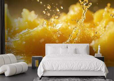 Close-up of splashing pineapple chunks in juice, highlighting freshness and flavor. Wall mural