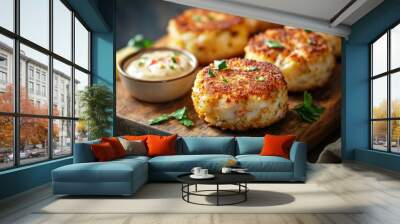 Closeup of Delicious Crab Cakes on Wooden Cutting Board Wall mural