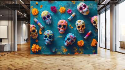 Colorful decorative skulls arranged with marigolds, celebrating D?a de los Muertos. Wall mural