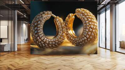 Elegant gold hoop earrings adorned with sparkling diamonds, showcasing luxury and craftsmanship. Wall mural