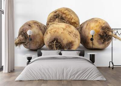 Four round, earthy root vegetables with dirt on a white background. Wall mural