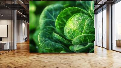 Fresh Green Cabbage with Dew Drops Wall mural