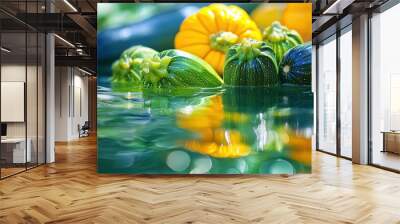 Fresh zucchinis and yellow squash floating on water, showcasing vibrant colors and reflections. Wall mural