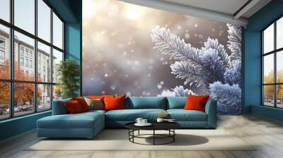 Frost-covered pine branches with soft snowfall and warm sunlight in the background. Wall mural