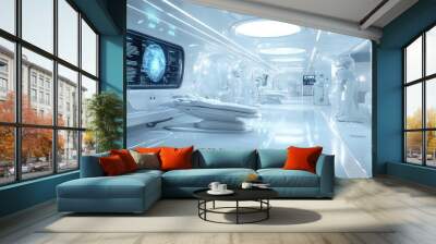 Futuristic laboratory with advanced technology and humanoid figures in a sleek, sterile environment. Wall mural