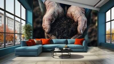 Hands holding rich soil, symbolizing agriculture and connection to nature. Wall mural