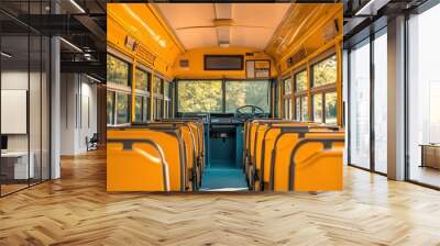 Interior view of a yellow school bus with empty seats and a driver's area. Wall mural