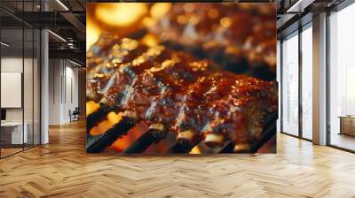 Juicy barbecue ribs sizzling on a grill, coated in a rich, sticky sauce. Wall mural