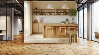 Modern Kitchen with Wooden Cabinets and Island Wall mural