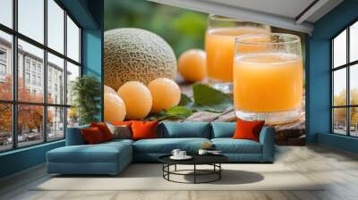 Refreshing cantaloupe juice served in glasses with fresh melon on a rustic wooden table. Wall mural