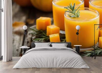 Refreshing orange drinks served in glasses, garnished with rosemary and surrounded by pumpkin. Wall mural