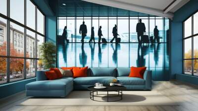 Silhouettes of travelers moving through an airport terminal, reflecting a busy travel environment. Wall mural