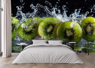 Sliced kiwi fruits splashing in water, showcasing freshness and vibrancy. Wall mural