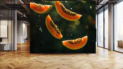 Slices of papaya floating in water with bubbles, creating a serene underwater scene. Wall mural