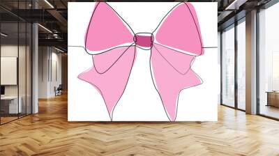 One continuous line drawing of gift ribbon pink bow. Christmas and birthday present wrap in simple linear style. Concept of holiday and celebration in editable stroke. Doodle vector illustration Wall mural