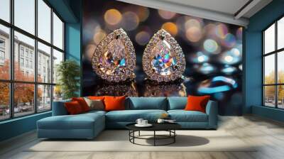 Stunning close-up of elegant earrings with sparkling diamonds on a blurred background. Wall mural